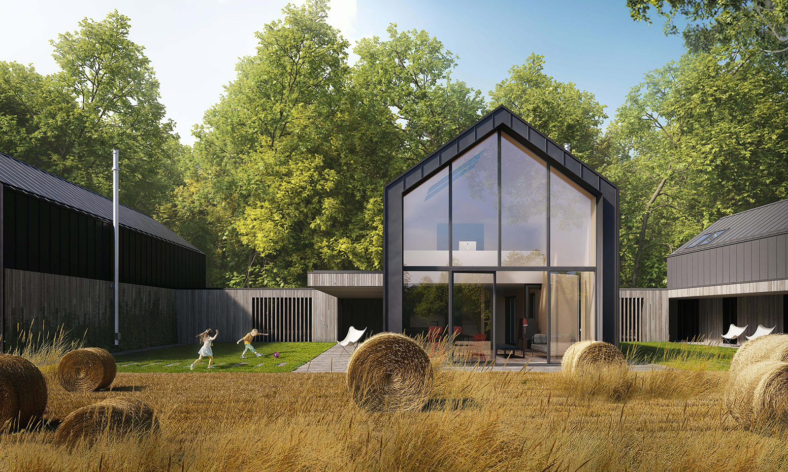 Modernes Haus Wohnstadel im ländlichen Stil mit großer Glasfassade inmitten einer idyllischen Landschaft mit Strohballen und spielenden Kindern. Perfekte Symbiose aus Architektur und Natur.