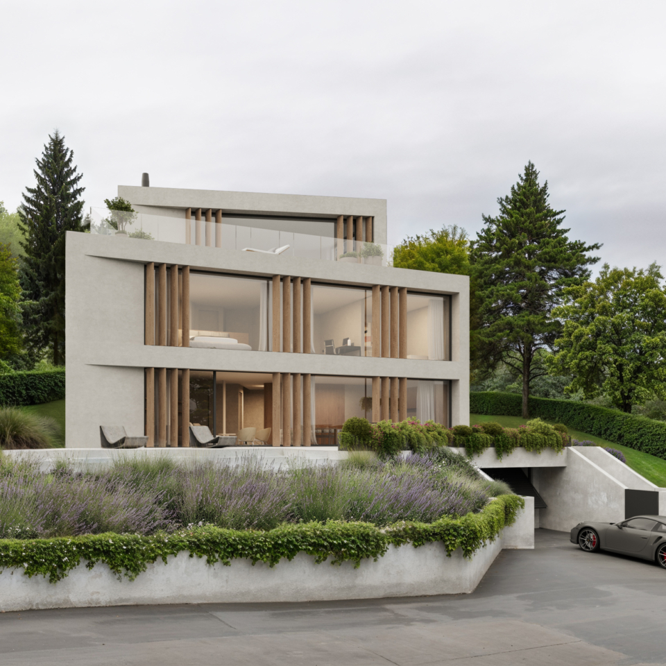 Modernes Einfamilienhaus mit brasilianisch inspirierter Architektur, geprägt von klaren Linien und großen Glasflächen. Vertikale Holzlamellen strukturieren die Fassade und sorgen für natürlichen Sonnenschutz. Umgeben von gepflegter Bepflanzung und eingefasst in die Hanglage mit integrierter Garage.