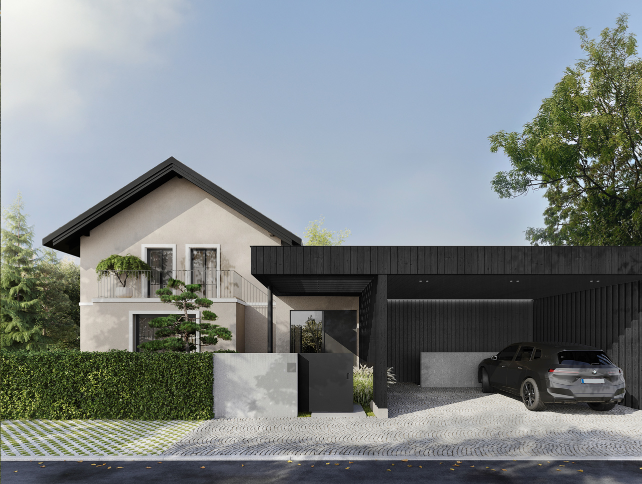 Straßenansicht eines modernisierten Einfamilienhauses mit schwarzem, minimalistischem Anbau, Carport, Begrünung und klarer, skandinavisch inspirierter Architektur.
