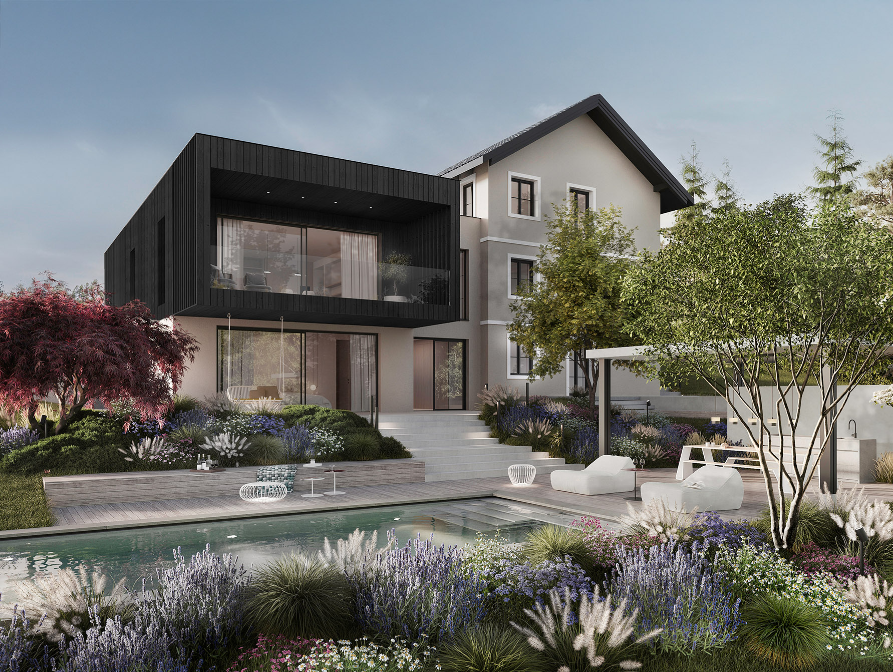 Modernisiertes Einfamilienhaus mit Zubau und dunkler Holzfassade, großen Glasfronten, Garten, Pool und stilvoller Landschaftsgestaltung.