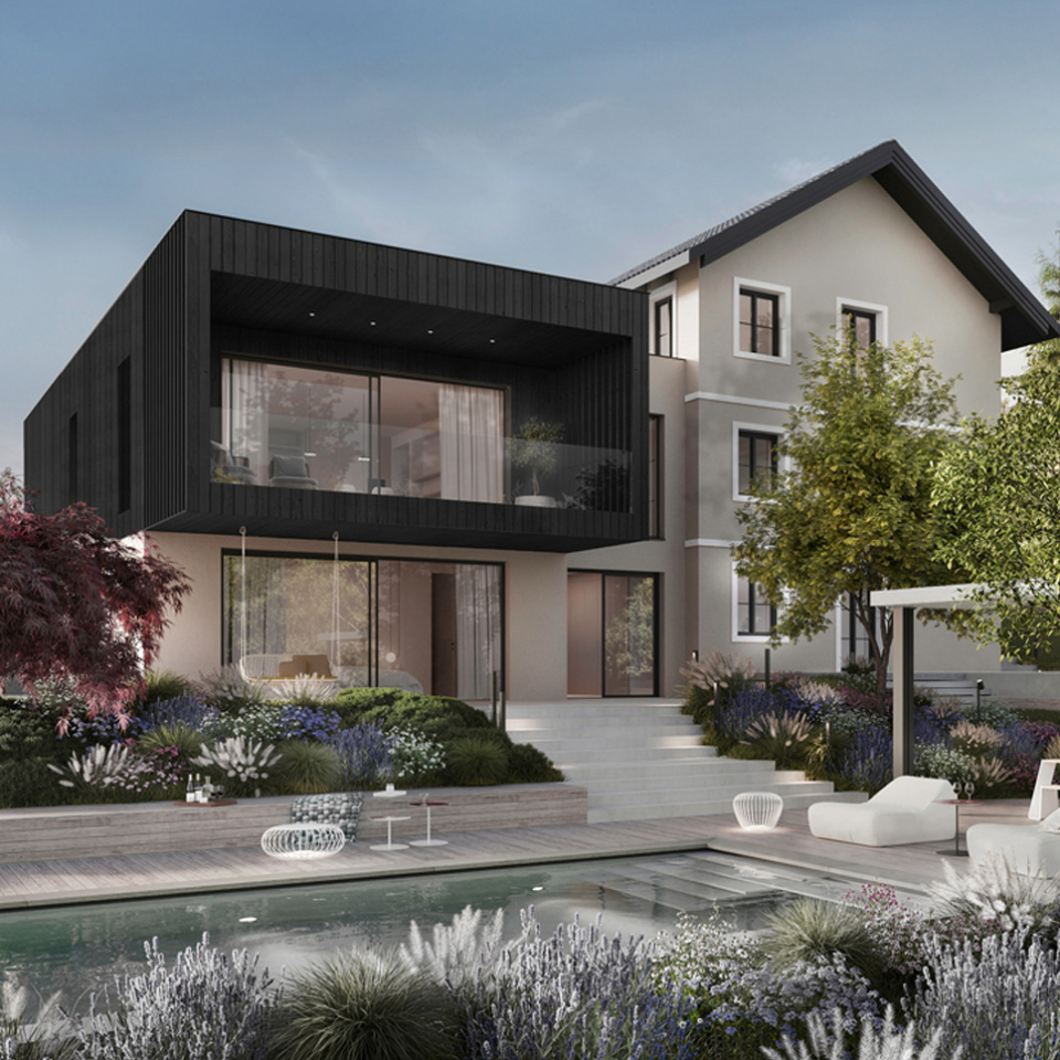 Modernisiertes Einfamilienhaus mit Zubau und dunkler Holzfassade, großen Glasfronten, Garten, Pool und stilvoller Landschaftsgestaltung.