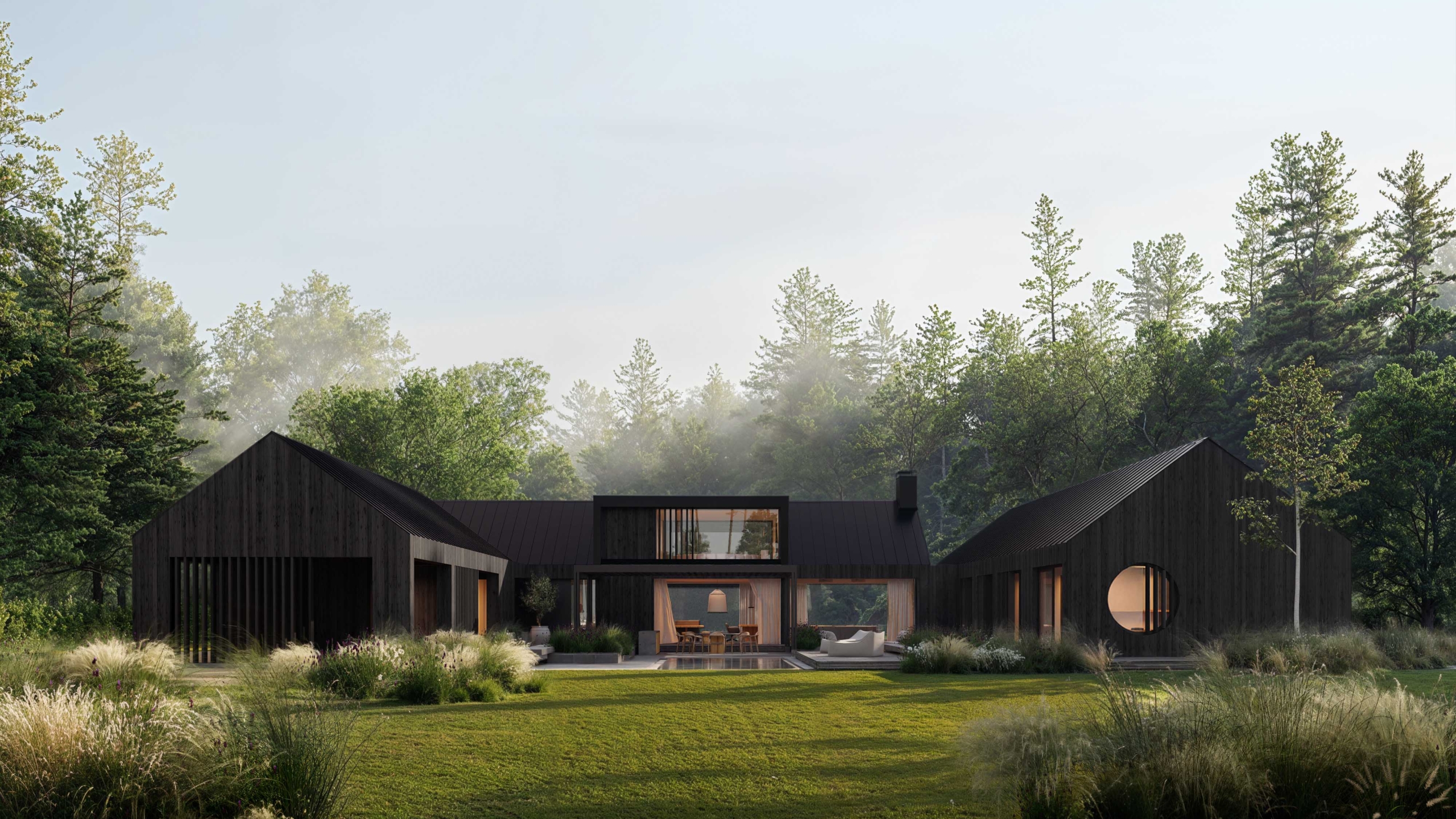 Modernes Holz Einfamilienhaus im skandinavischem Barn Style mit pavillonartiger Struktur, großen Öffnungen und Garten in ruhiger Waldlage.