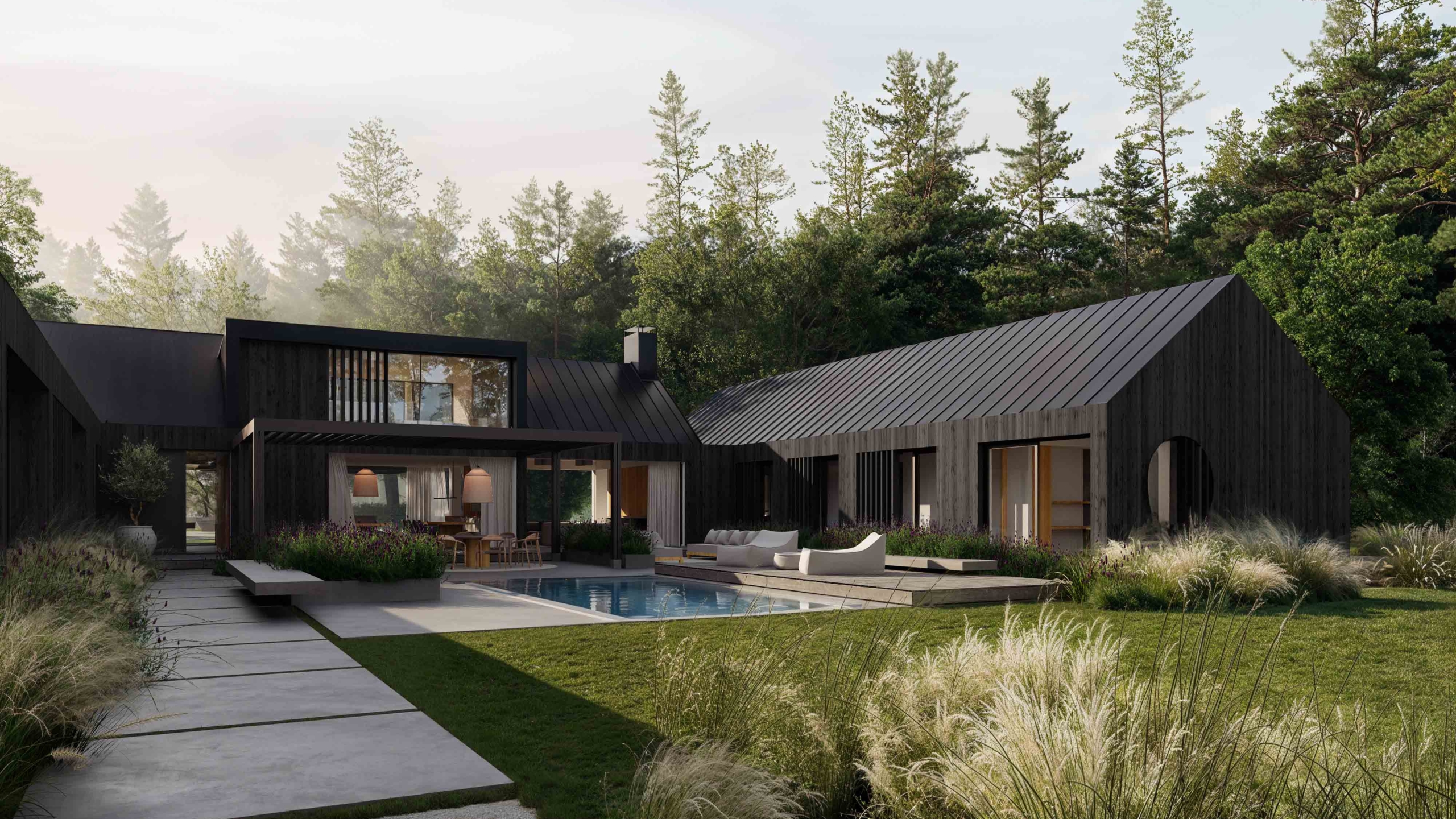 Modernes Holz Einfamilienhaus im skandinavischem Barn Style mit pavillonartiger Struktur, großen Öffnungen und Garten in ruhiger Waldlage.