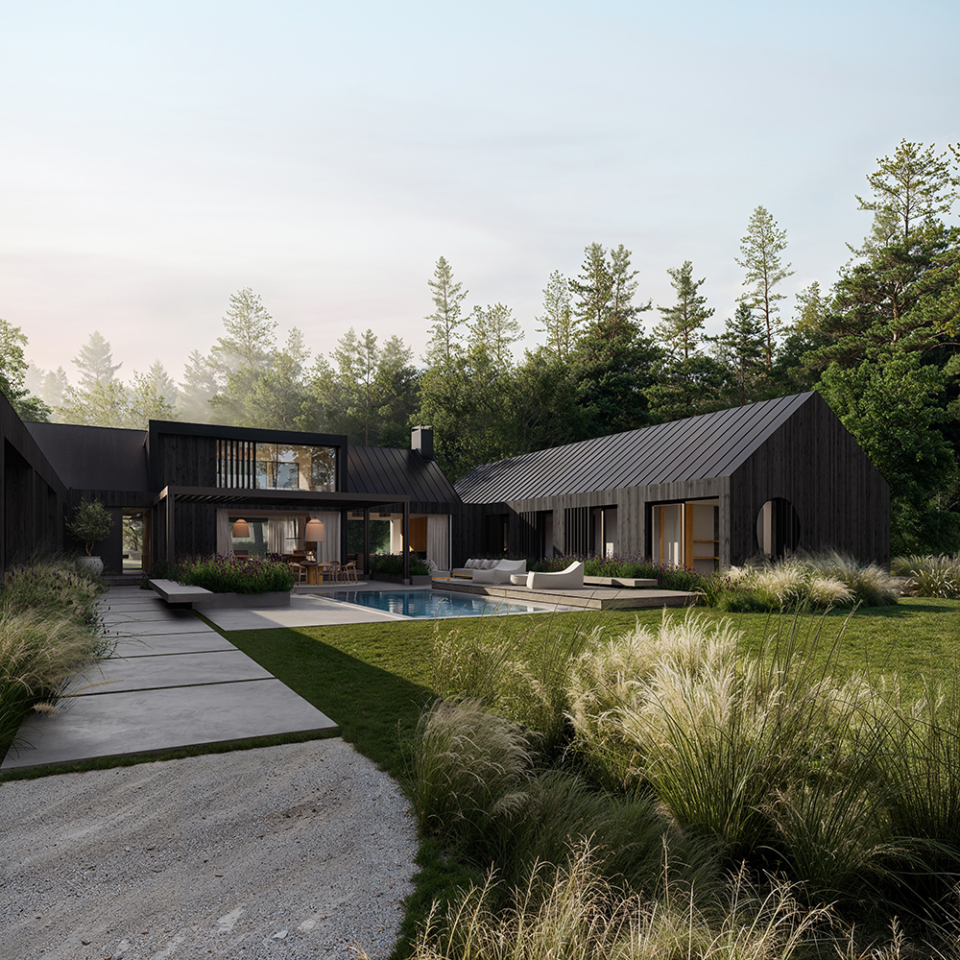Modernes Holz Einfamilienhaus im skandinavischem Barn Style mit pavillonartiger Struktur, großen Öffnungen und Garten in ruhiger Waldlage.