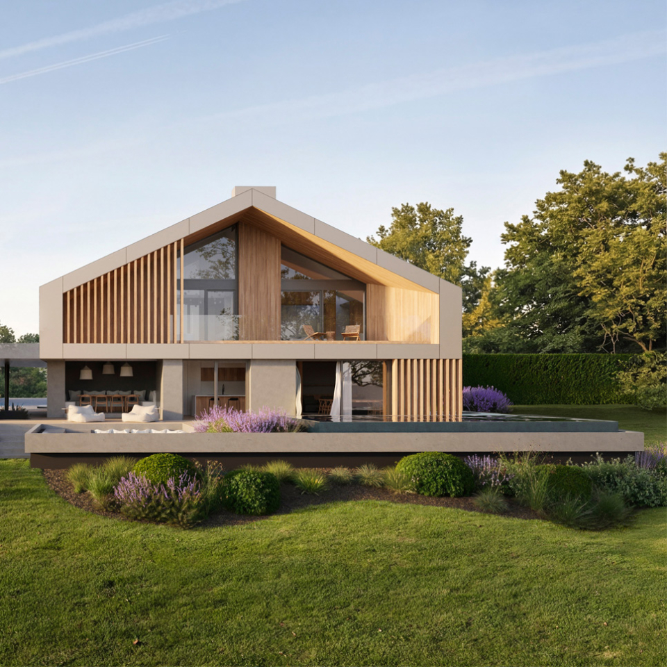 Modernes Einfamilienhaus in Salzburg am See mit Holzfassade, großen Glasflächen, Poolterrasse und weitläufigem Garten.