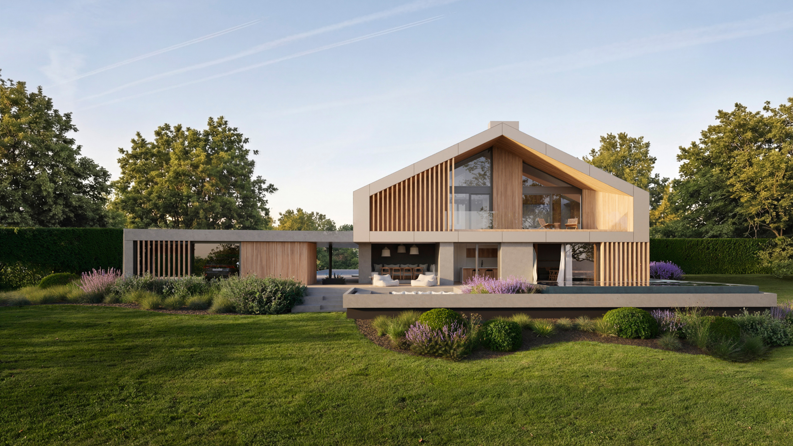 Modernes Einfamilienhaus in Salzburg am See mit Holzfassade, großen Glasflächen, Poolterrasse und weitläufigem Garten.