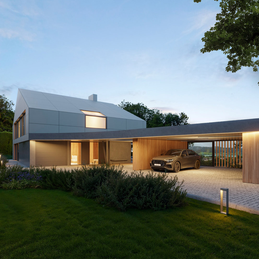 Modernes Einfamilienhaus in Salzburg am See mit Holzfassade, großen Glasflächen, Poolterrasse und weitläufigem Garten.
