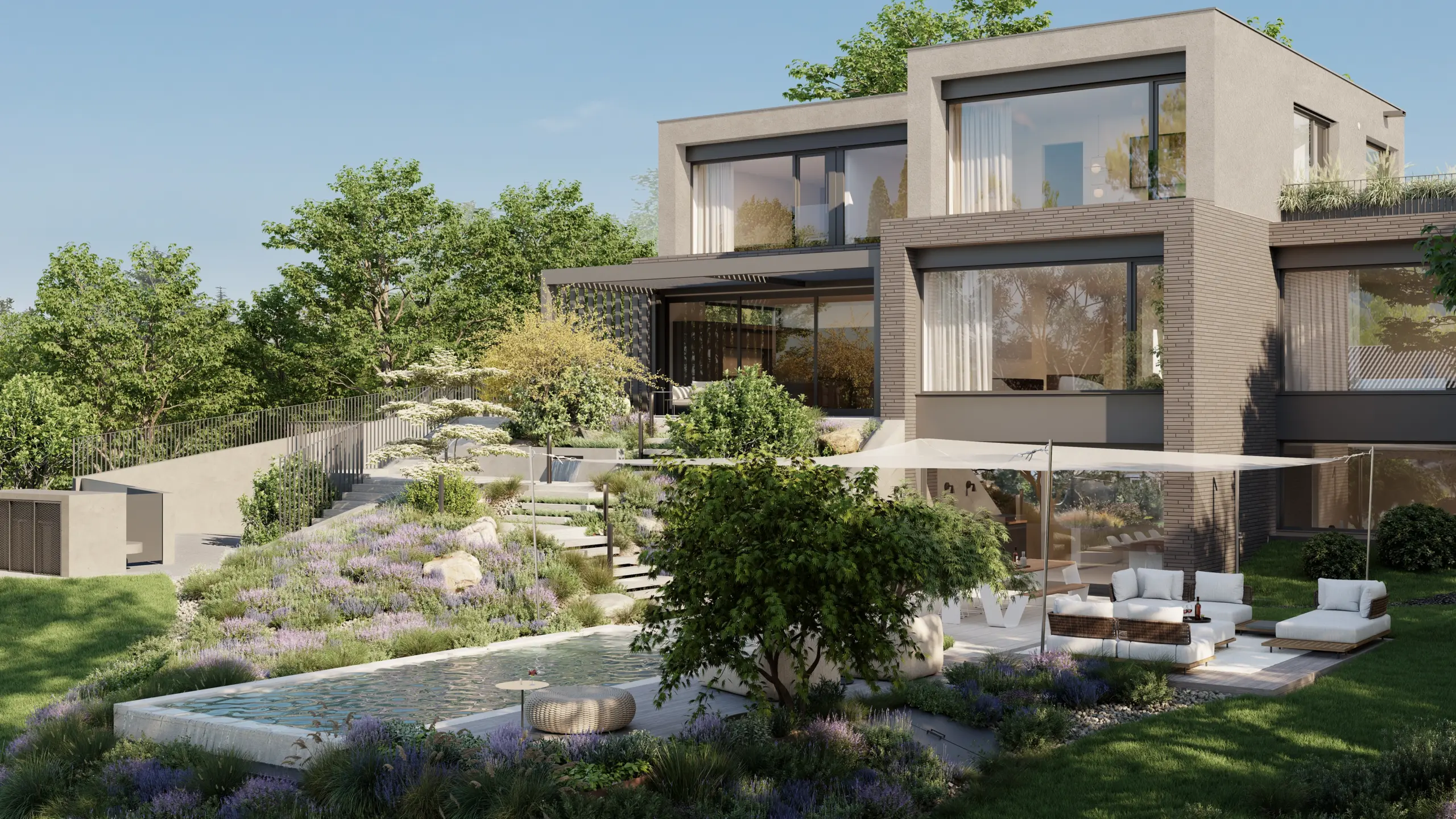 Modernes Einfamilienhaus am Ölberg in Klosterneuburg mit Klinkerfassade, Terrassen und naturnaher Gartengestaltung.