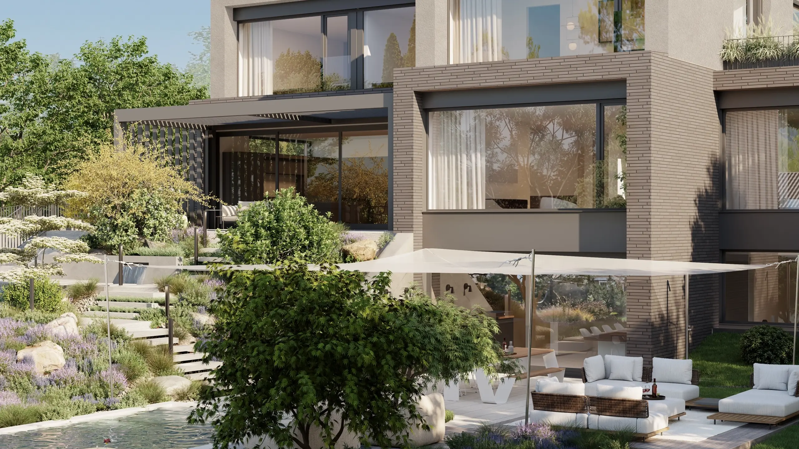 Modernes Einfamilienhaus am Ölberg in Klosterneuburg mit Klinkerfassade, Terrassen und naturnaher Gartengestaltung.