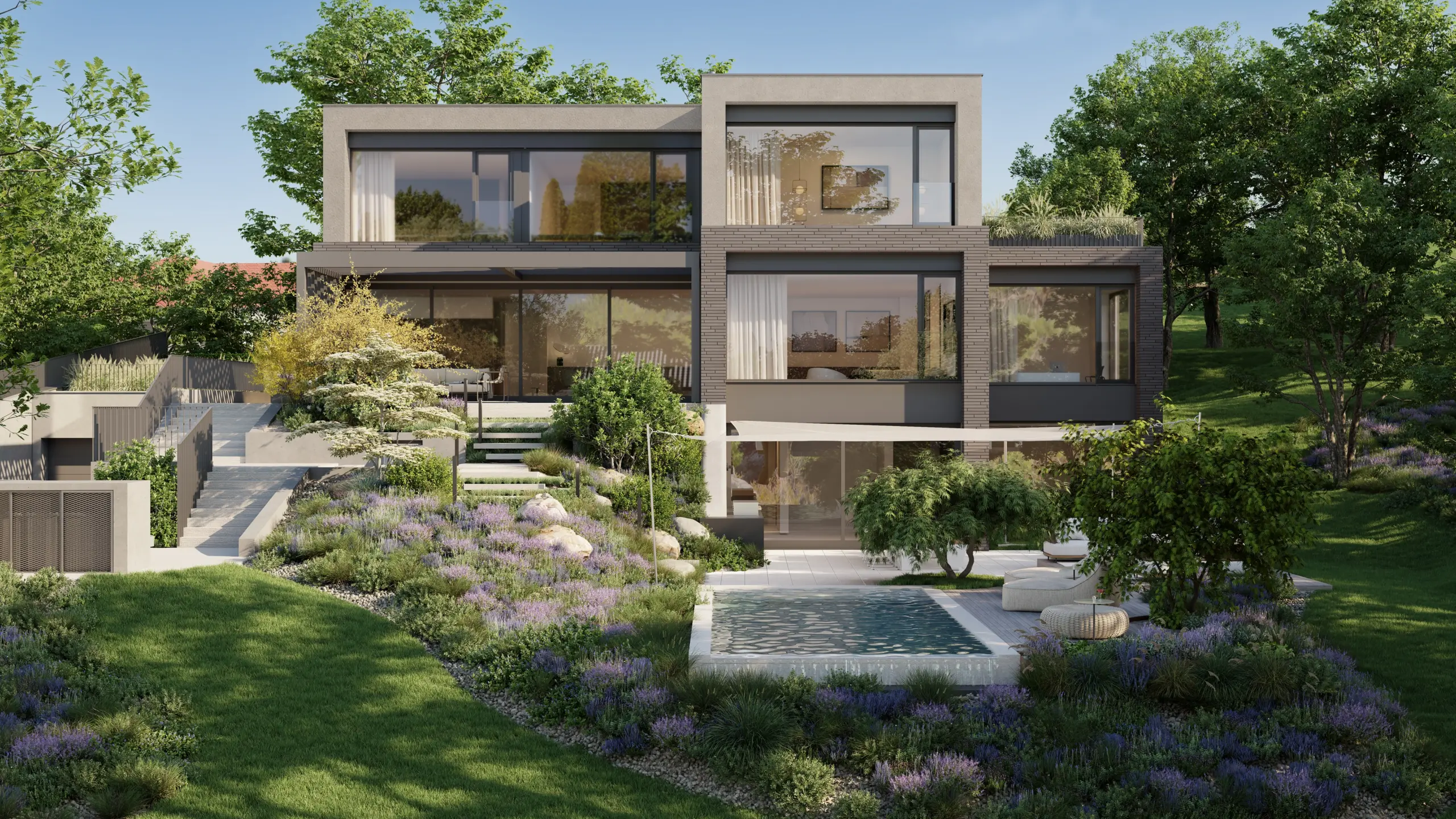 Modernes Einfamilienhaus am Ölberg in Klosterneuburg mit Klinkerfassade, Terrassen und naturnaher Gartengestaltung.