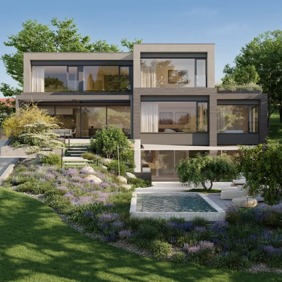 Modernes Einfamilienhaus am Ölberg in Klosterneuburg mit Klinkerfassade, Terrassen und naturnaher Gartengestaltung.